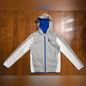 Under Armour, Hoodie Jacket, Youth Boys Sz YXL Loose Fit, Gray Blue Zip Coldgear